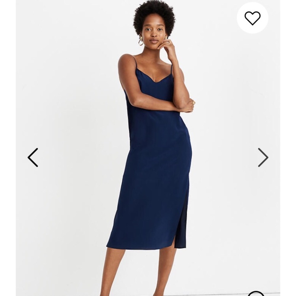 Madewell Eva Slip Dress 100% Silk Navy Blue Side Slit Adjustable Straps
